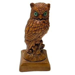 Owl Statue Figure Standing on Branch 6" Glass Eyes